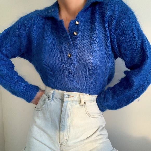 Vintage Sweaters - Vintage Mohair Cableknit Henley Sweater Cropped S